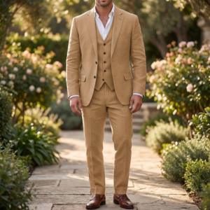 Dreite częściowe lniane zestaw dla mężczyzn: blazer, kamizelka i spodnie – Khaki