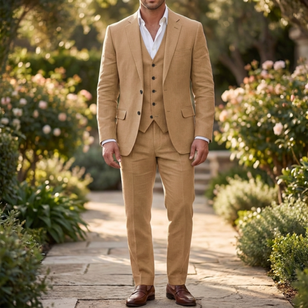Dreite częściowe lniane zestaw dla mężczyzn: blazer, kamizelka i spodnie – Khaki